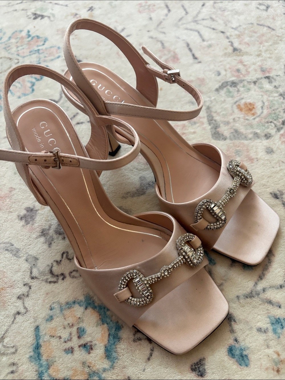 Gucci Blush Pink Satin Crystal Horsebit Slingback Heels. Size 36 1/2. Like New!